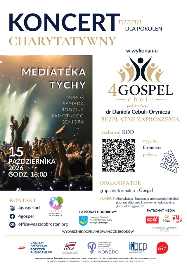 plakat koncertu charytatywnego 4GOSPEL „Razem dla pokoleń” w Mediatece w Tychach, 15 października 2026, godz. 18:00